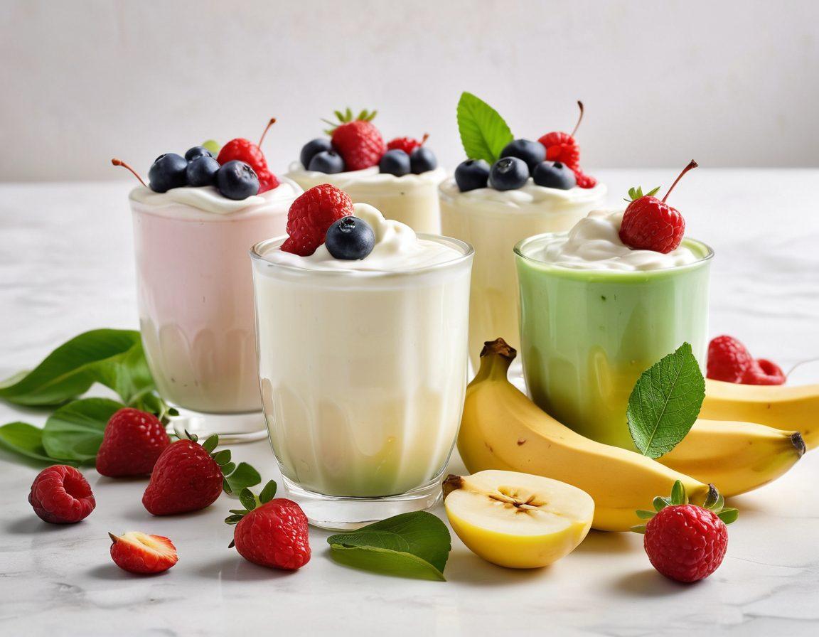 A beautifully arranged assortment of yogurt products in various flavors and textures, surrounded by fresh fruits like berries and bananas, with a green leafy backdrop to symbolize health. Include a spoon with yogurt drizzling, and wellness elements like nuts and seeds sprinkled artistically around. The scene should evoke freshness and vitality, inviting viewers to explore healthy living through delicious yogurt. super-realistic. vibrant colors. white background.