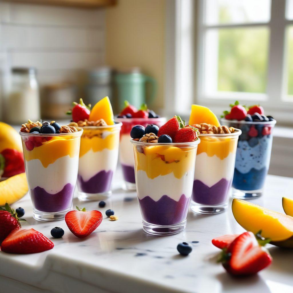 A colorful assortment of yogurt cups displaying vibrant flavors like strawberry, mango, and blueberry, garnished with fresh fruits and nuts. Set in a bright, sunny kitchen with natural light streaming in, evoking a feeling of health and freshness. Include a handwritten recipe card in the background for a personal touch. super-realistic. vibrant colors. bright background.