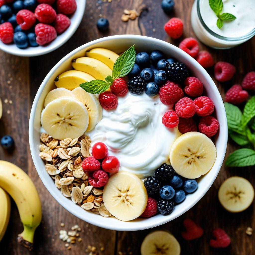 A vibrant bowl of creamy yogurt topped with an assortment of fresh fruits like berries and bananas, surrounded by sprigs of mint and colorful probiotic capsules. In the background, a rustic kitchen setting with jars of granola and fresh yogurt ingredients. The warm lighting enhances the freshness of the scene, illustrating the connection between yogurt and nutritious eating for gut health. super-realistic. vibrant colors. soft focus.
